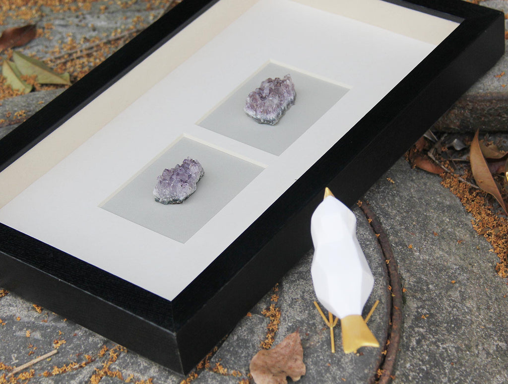 Amethyst Crystal Cluster Shadow Box Wall Art - Handcrafted Natural Gemstone Decor