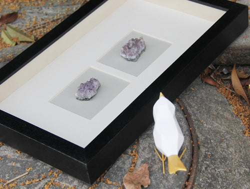 Amethyst Crystal Cluster Shadow Box Wall Art - Handcrafted Natural Gemstone Decor