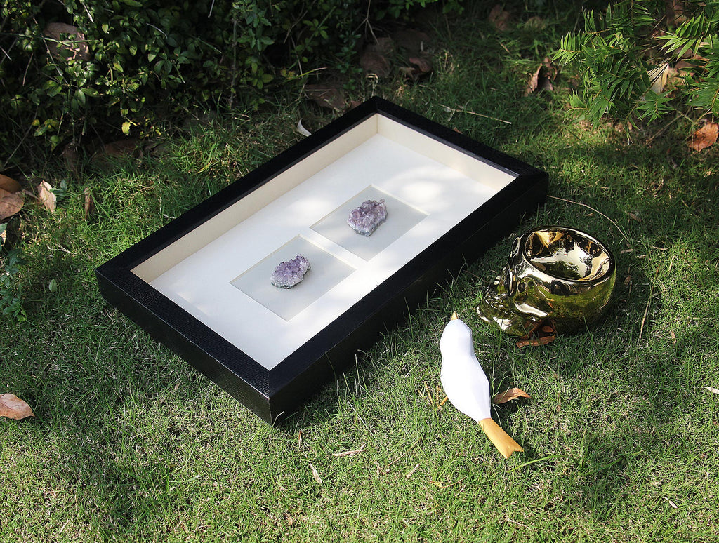 Amethyst Crystal Cluster Shadow Box Wall Art - Handcrafted Natural Gemstone Decor