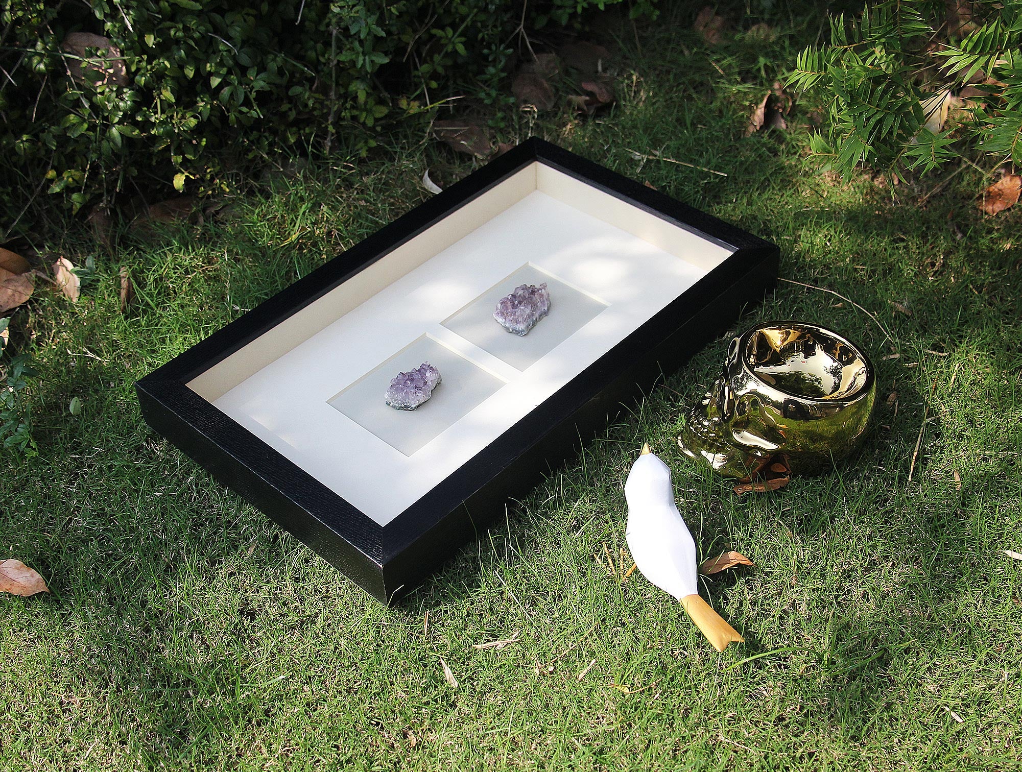 Amethyst Crystal Cluster Shadow Box Wall Art - Handcrafted Natural Gemstone Decor