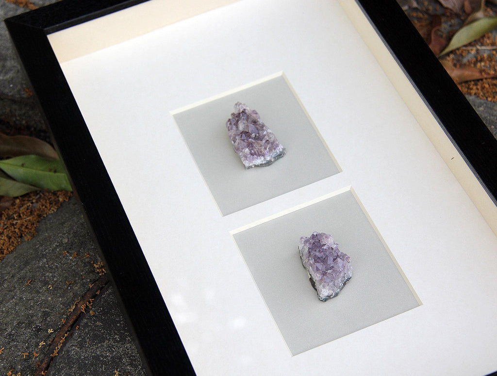 Amethyst Crystal Cluster Shadow Box Wall Art - Handcrafted Natural Gemstone Decor