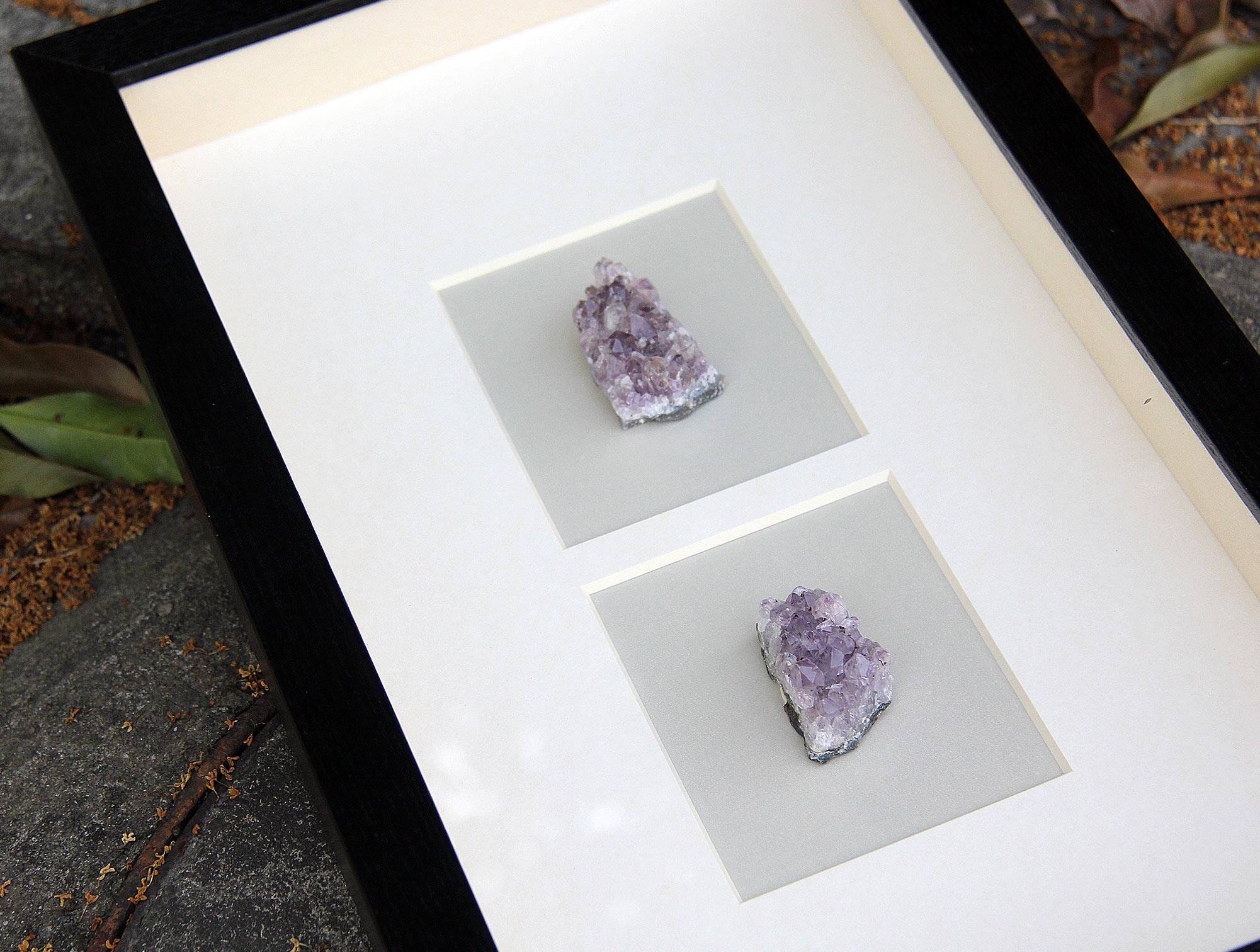 Amethyst Crystal Cluster Shadow Box Wall Art - Handcrafted Natural Gemstone Decor