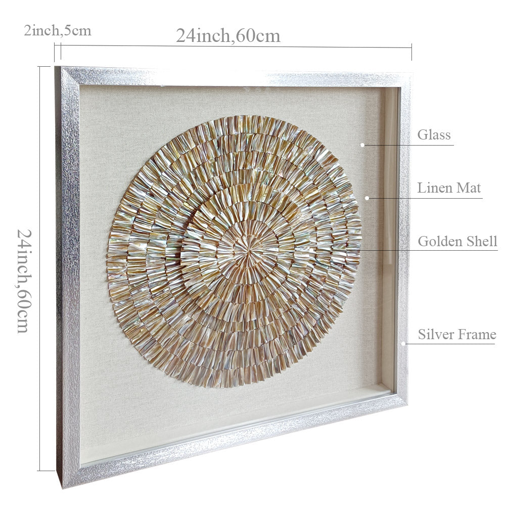 Close-up of natural golden mother of pearl shell sunburst pattern, iridescent detail