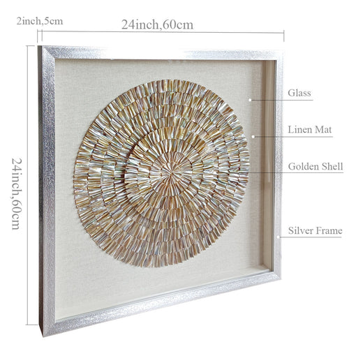 Close-up of natural golden mother of pearl shell sunburst pattern, iridescent detail
