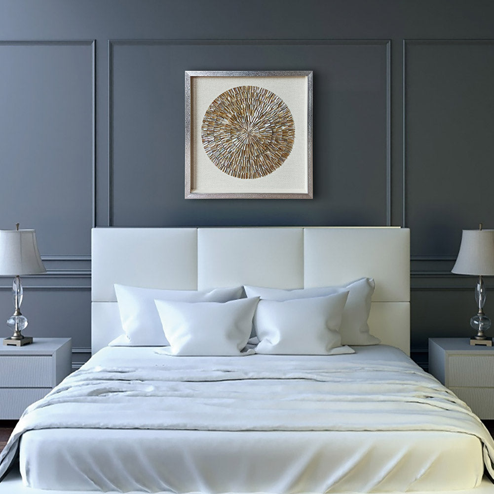 Golden shell wall art ready to hang, pre-installed hardware on silver shadow box frame