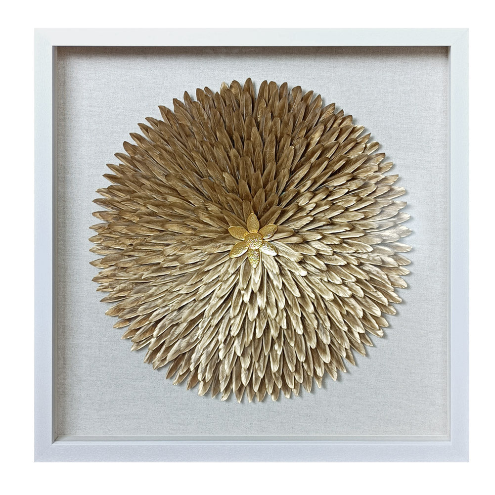 Handcrafted Golden Feather Sunburst Wall Art, White Framed Shadow Box Decor