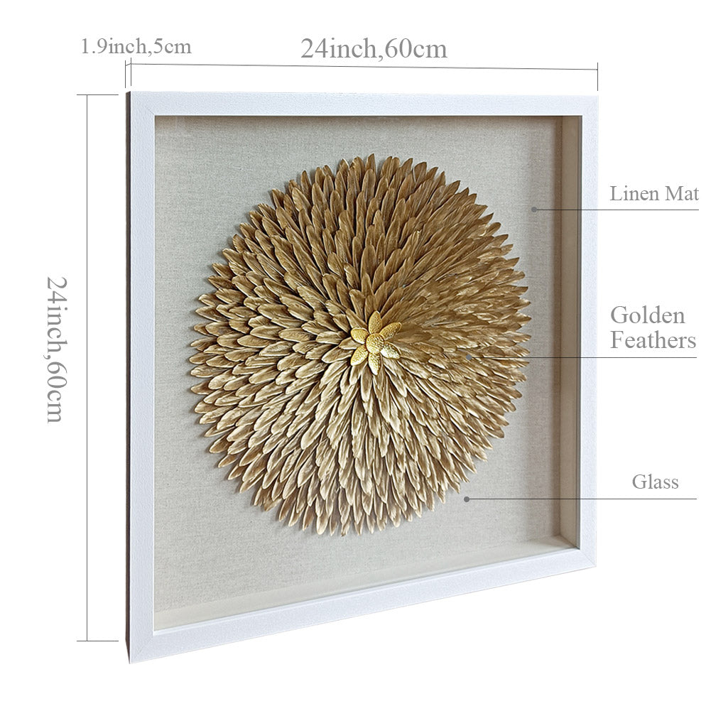 Handcrafted Golden Feather Sunburst Wall Art, White Framed Shadow Box Decor