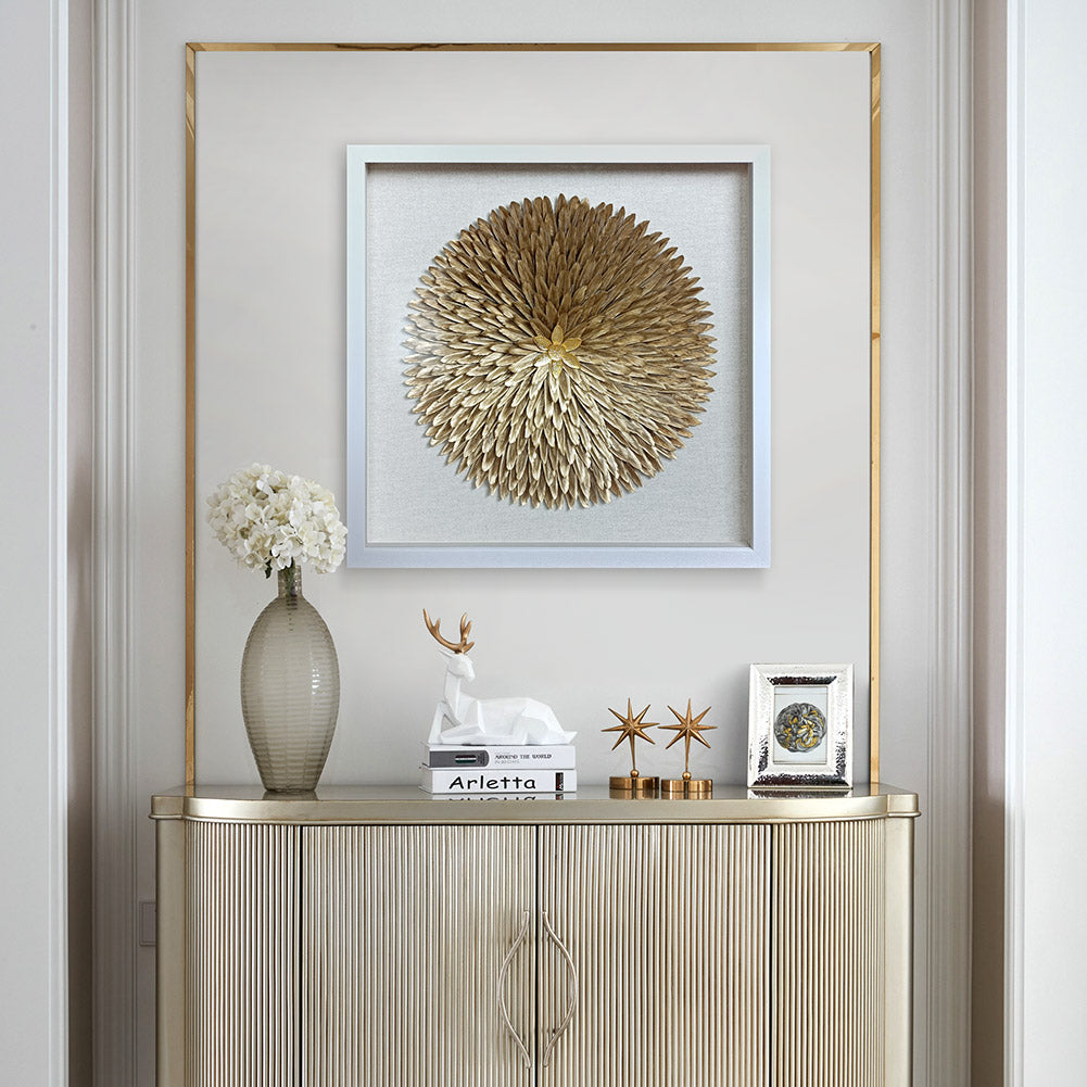 Handcrafted Golden Feather Sunburst Wall Art, White Framed Shadow Box Decor